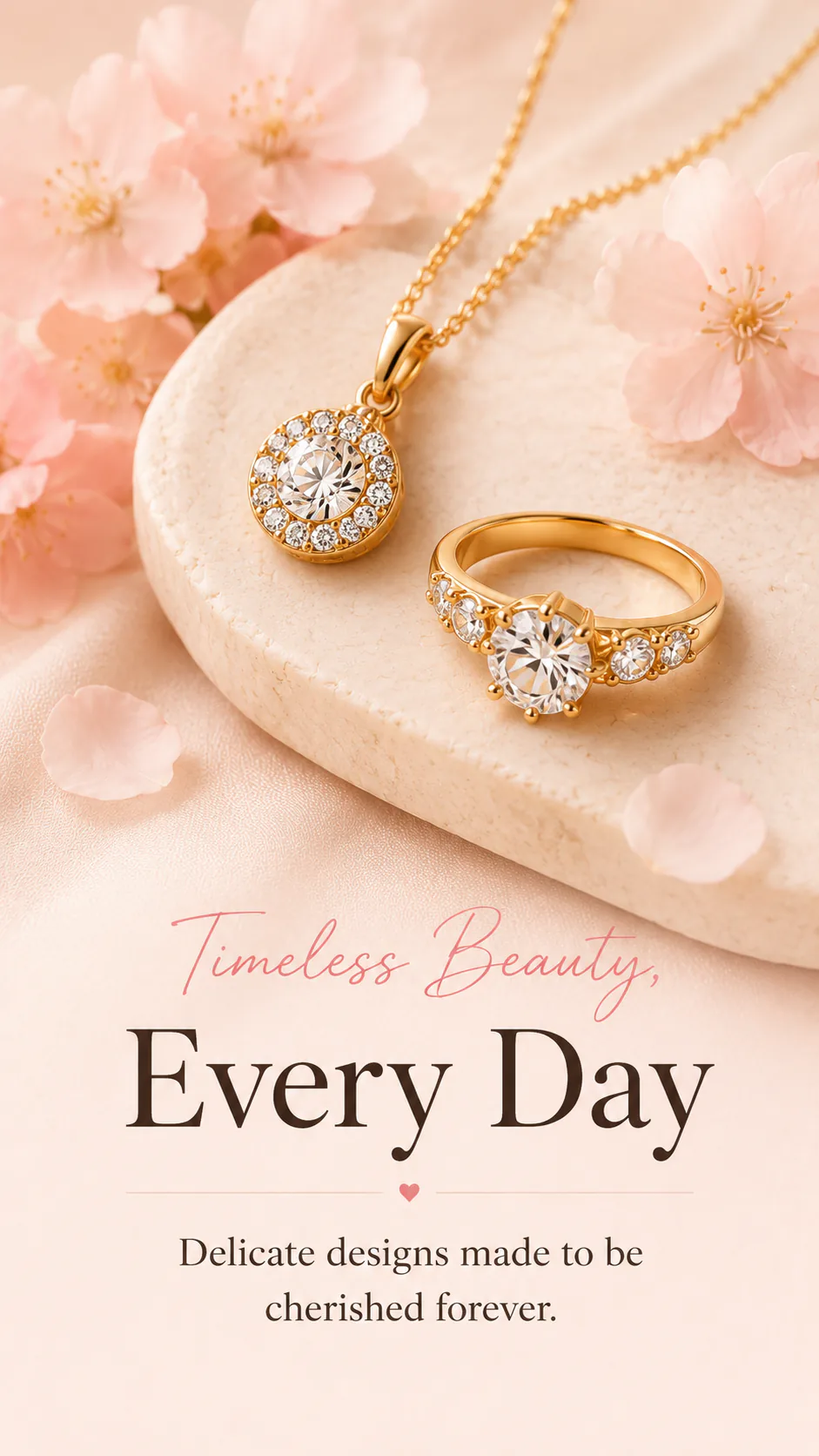Gold pendant and ring with blush flowers